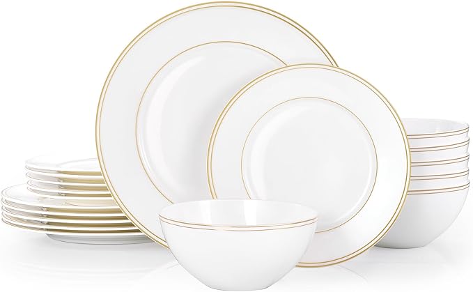 18Pcs Gold Trim White Bone China Set, Service by KINGSTONE