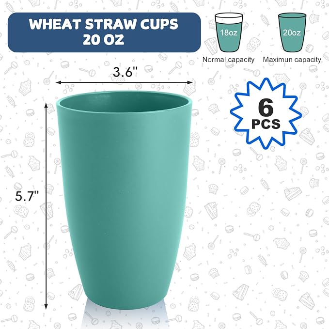 20 OZ Large Wheat Straw Cups Set of 6, Unbreakable Reusable Plastic Cup - Image 2