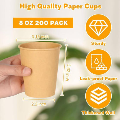 Vumdua 200 Pack 8 oz Kraft Paper Cups, Heavy-duty Disposable Coffee Cups - Image 2