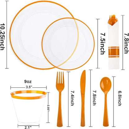 SUT 175Pcs Orange and Clear Plastic Dinnerware Set for 25 Guests, Include: 25 Dinner Plate, 25 Dessert Plates, 25 Pre Rolled Napkins With Silverware, 25 Cups, Disposable Plates for Party