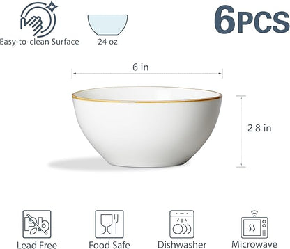 ONEMORE Ceramic Bowl Set of 6, 24 oz Soup Bowl Cereal Bowls with Brown Rim, Serving Bowls for Salad Snack Fruit Rice- Microwave Dishwasher and Oven Safe, Scratch Resistant - Cream White