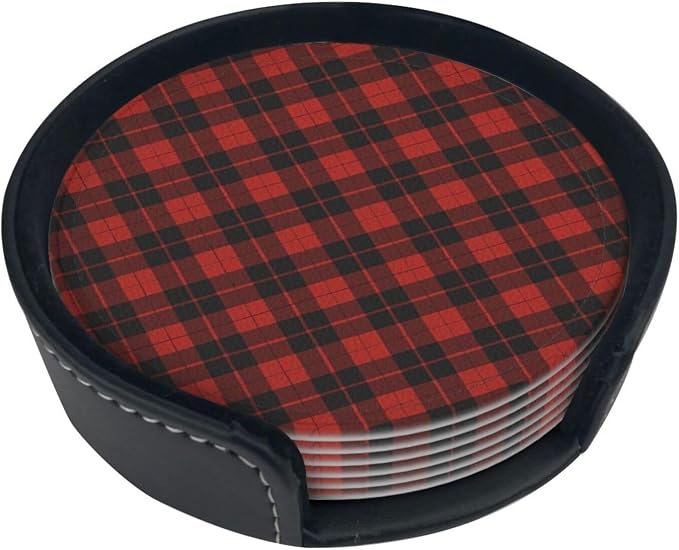 6 Pcs Christmas Plaid Red Black Buffalo Check Leather Coasters - Image 2