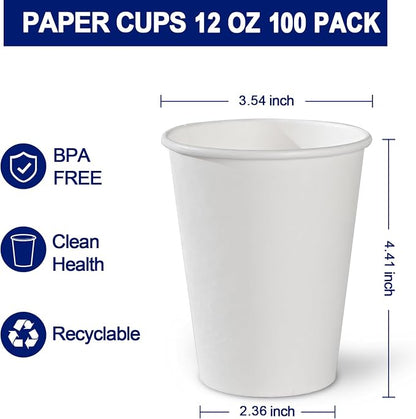 Clawsoff 12 oz 100 Count Paper Cups Disposable Hot/Cold White Coffee Cups | - Image 2