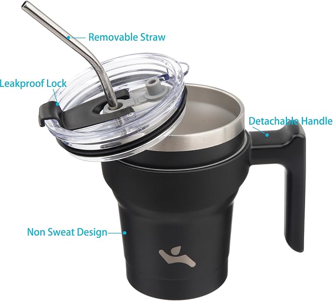 Konokyo 10 oz Tumbler with Handle and Straw, Insulated Travel Mug | Black; - Image 2
