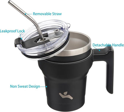 Konokyo 10 oz Tumbler with Handle and Straw, Insulated Travel Mug | Black; - Image 2