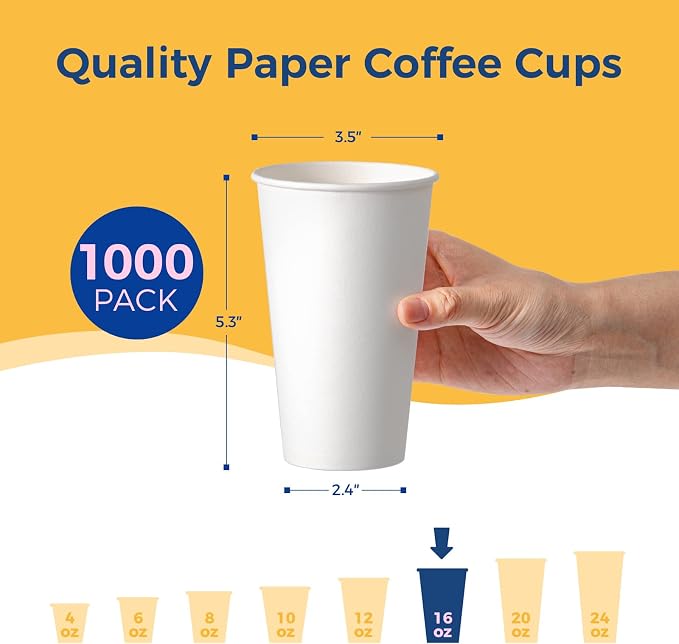 Fit Meal Prep 1000 Pack 16 oz Disposable Paper Coffee Cups, Premium White Hot - Image 2