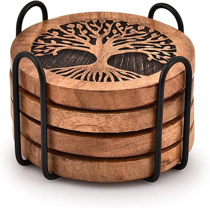 Kimona Coasters Set of 4 Handmade Round Wooden Tree of Life Coasters - Image 2