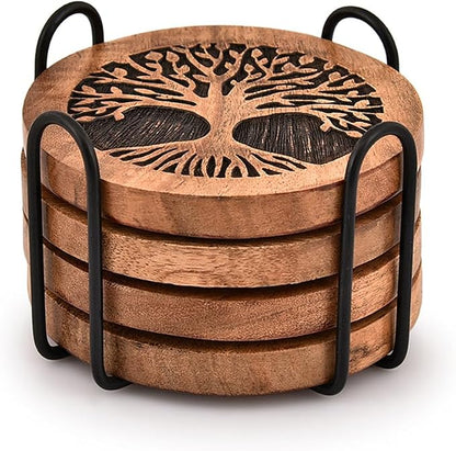 Kimona Coasters Set of 4 Handmade Round Wooden Tree of Life Coasters - Image 2