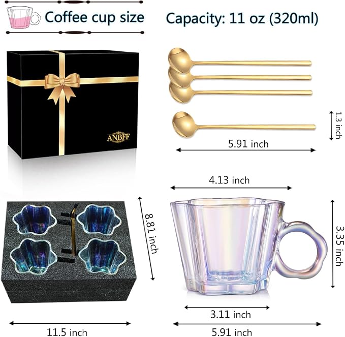 11oz Iridescent Floral Glass Coffee Mugs Set of 4 - Image 4