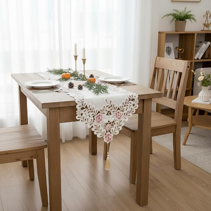 Classic Flowers Dining Table Runner Embroidery Tassel Floral Lace Table Runners - Image 5