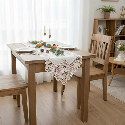 Classic Flowers Dining Table Runner Embroidery Tassel Floral Lace Table Runners - Image 5