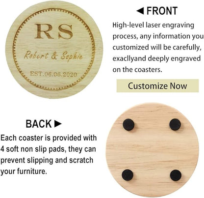 Personalized Wooden Coasters, Custom Engraved Monogram Coasters - Set of 6, Great Gifts