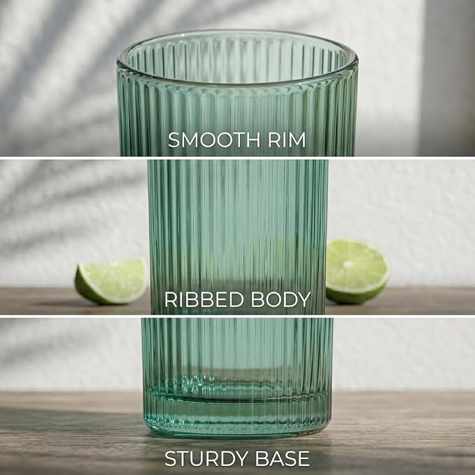 Physkoa Sage Green Ribbed Drinking Glasses Set of 6 – Vintage Embossed Highball - Image 3