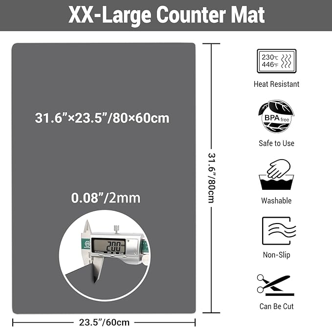 Ewen 31.6x23.5in Heat Resistant Mats for Countertop, 2mm Thick Extra Large Silicone Countertop Protector Mat for Baking Appliances Air Fryer Coffee Maker Kitchen Table Workbench Art Crafts Pad Gray
