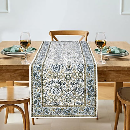 Indigo Floral Hand Block Print 100% Cotton Reusable Table Runner 16" X 70" by Ridhi