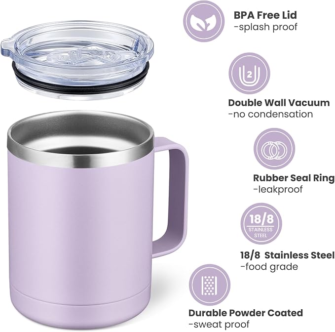 MEWAY 12oz Coffee Mug With Handle and Sliding Lid, Stainless Steel Travel - Image 3
