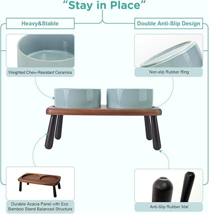SPUNKYJUNKY Ceramic Elevated Dog Bowls Raised with Acacia Bamboo Wooden Stand, 6.1'' Dog Cat Food Water Bowls Set Non-Slip for Small Medium Sized Breed Microwave Dishwasher Safe - 28.7 OZ,Light Green