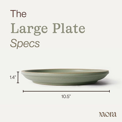 MORA Large Plates Set of 4, 10.5 inch Ceramic Pottery Dinner Plates - Microwave, Oven and Dishwasher Safe - Thyme