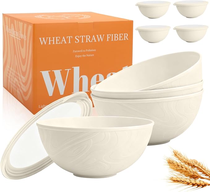 Wheat Straw Bowls Set with Lids, Unbreakable 40 OZ Large Cereal Bowls Set of 4 by Perlapoc