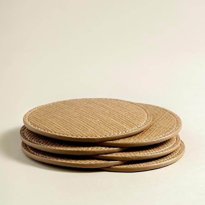 OLETHA Aesthetic Round Drink Coasters, Wheat | Raffia-embossed faux leather - Image 4