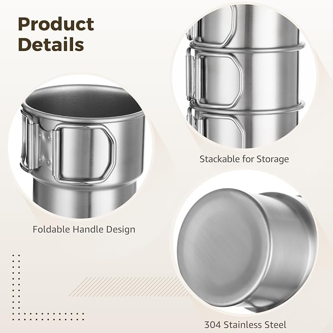 Joyibay 4 Pcs Stainless Steel Camping Cups, 10 oz Stackable Mugs w/Handle | 304 - Image 3