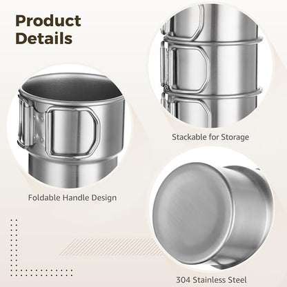 Joyibay 4 Pcs Stainless Steel Camping Cups, 10 oz Stackable Mugs w/Handle | 304 - Image 3