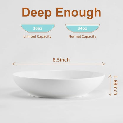 Jassceram 8.5inch Pasta Bowls Set of 6, 36 OZ Salad Plates,Ceramic Serving Bowls for Soup,Noodle,Deep Enough for Kitchen and Dining, Microwave,Oven and Dishwasher Safe,Off White
