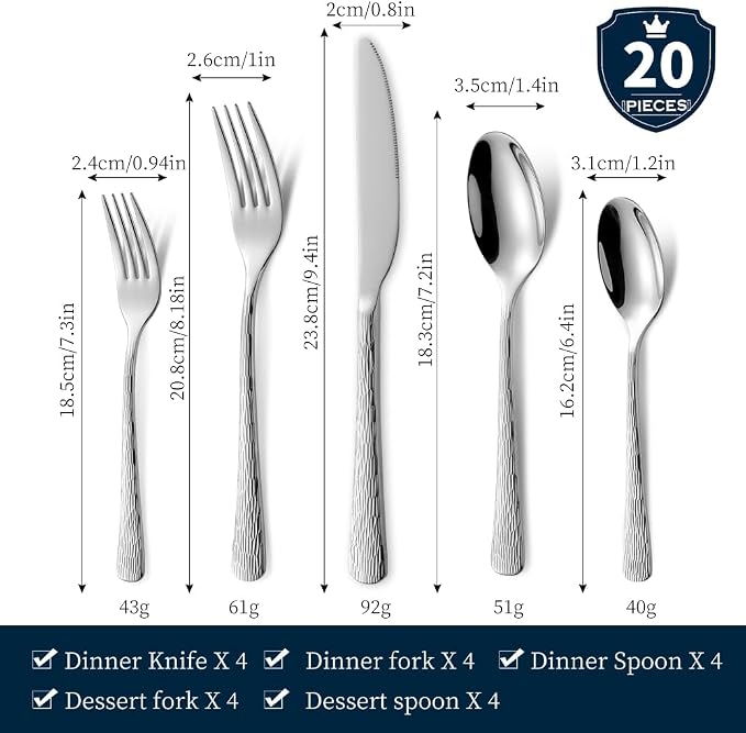 Black Hammered Silverware Set, Heavy Duty Flatware Set, 18/10 Stainless Steel - Image 3