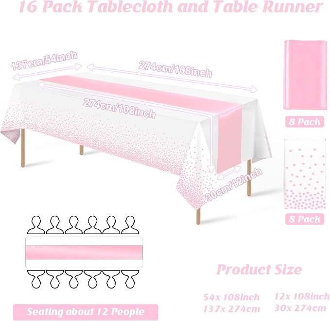 16Pack Disposable Plastic Tablecloths and Satin Table Runner Set White and Pink - Image 2