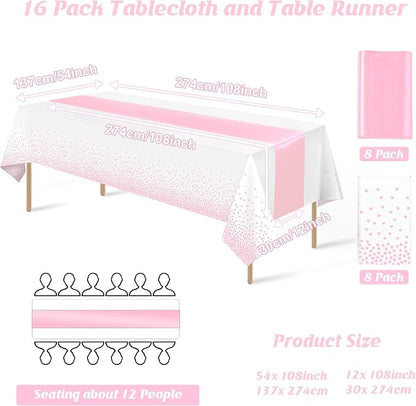 16Pack Disposable Plastic Tablecloths and Satin Table Runner Set White and Pink - Image 2
