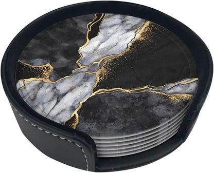 6 Pcs Black White Gray and Gold Marble Leather Coasters - Image 2