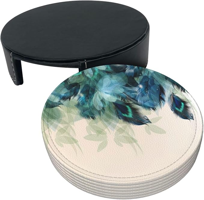 6 Pcs Peacock Feather Turquoise Bird Leather Coasters - Image 3