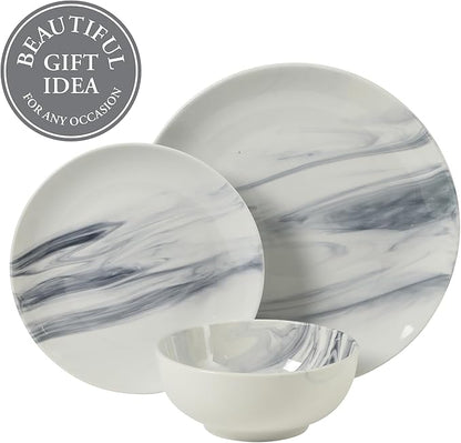 Gibson Home Cloudlight 12 Piece Plates and Bowls Dishes Blue and White - Decorated Porcelain Ceramic Dinnerware Set - Service for 4