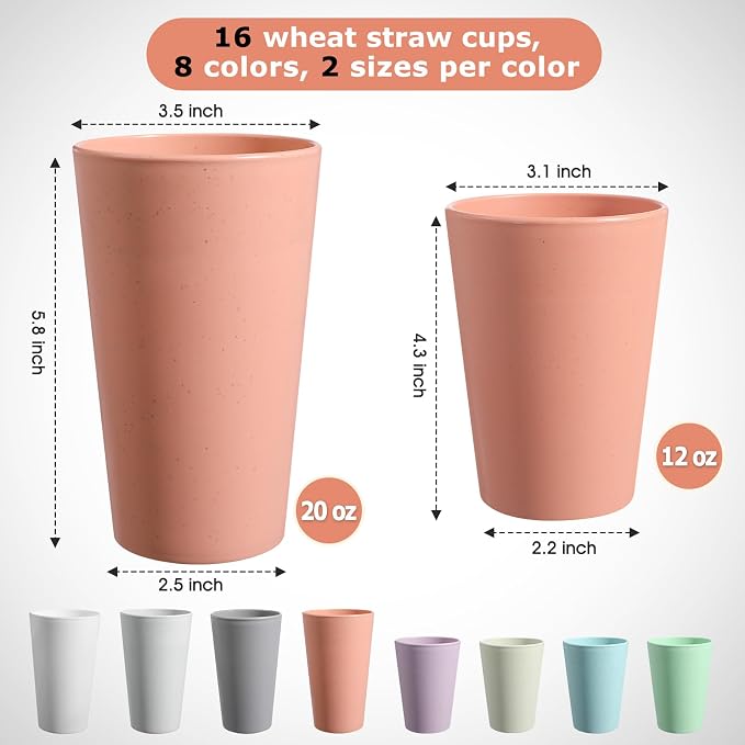 HEYCOME Set of 16 Wheat Straw Cups, Reusable Plastic Cups Sets, Water Glasses - Image 2