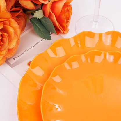 LIYH 24 Pcs Orange Plastic Plates Reusable Orange Plates Scalloped Plastic Plate for Holiday Party Dishwasher Safe Sturdy Reusable (12 Guests) Suitable for Holiday Gatherings
