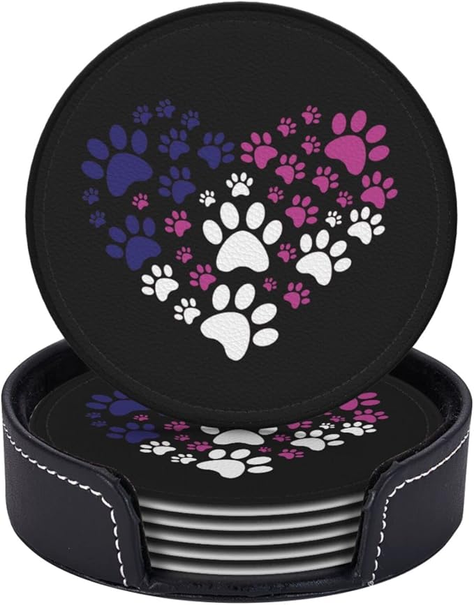 6 Pcs Cat Dog Paw Prints Heart Leather Coasters - Image 2
