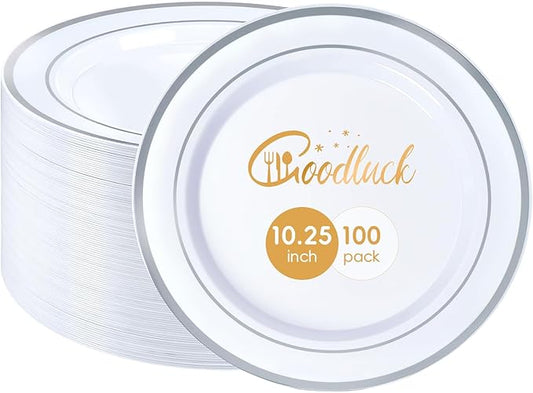Goodluck 100PCS Silver Plastic Plates, 10.25 Inch Dinner Plate with Silver Rim, Heavy Duty Disposable Plastic Plates for Party, Wedding, Birthday & Daily Use