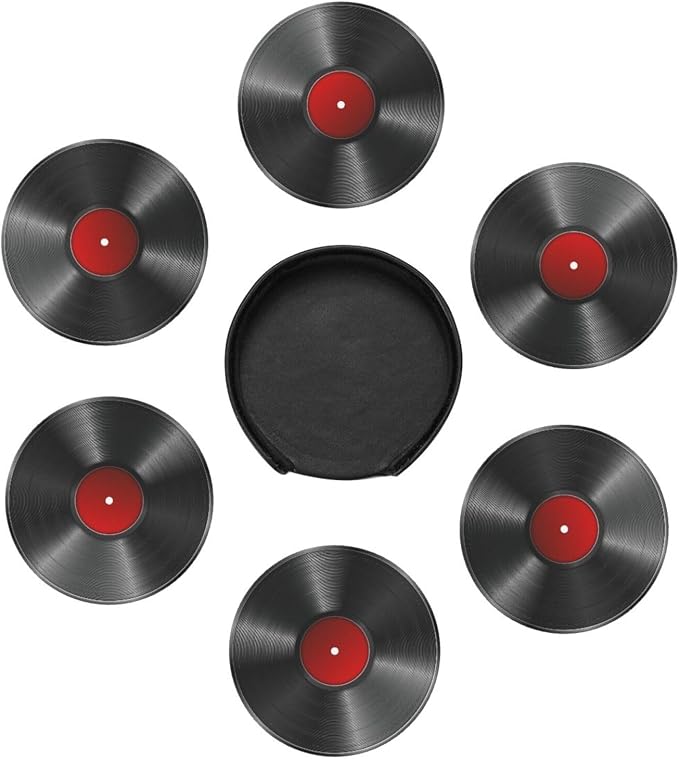 Drink Coasters with Holder Stand Set of 6, Phonograph Record Vinyl Pu Leather - Image 5