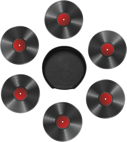 Drink Coasters with Holder Stand Set of 6, Phonograph Record Vinyl Pu Leather - Image 5