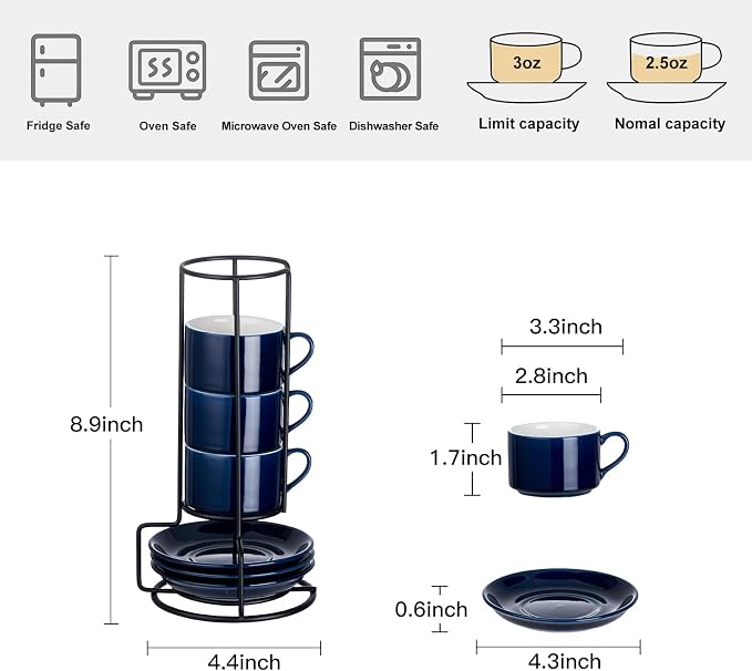 2.5oz Espresso Cups Set of 4, Porcelain Stackable Espresso Cups - Image 2