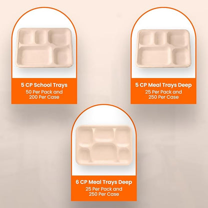 case of 200 5-Compartment School Tray – Eco-Friendly, Biodegradable, Microwave & Freezer Safe – Ideal for Catering, Takeaway & Events – Bulk Pack – Sustainable Disposable Tableware