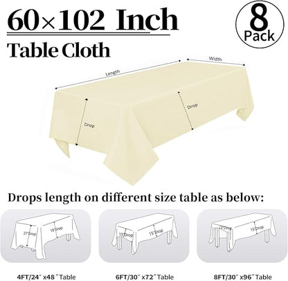 8 Pack Beige Tablecloth 60 x 102 Inch Rectangular Table Cloth for 6 Foot Rectangle Tables, Wrinkle Resistant Washable Polyester Fabric Table Covers for Wedding Party Banquet Buffet and Camping