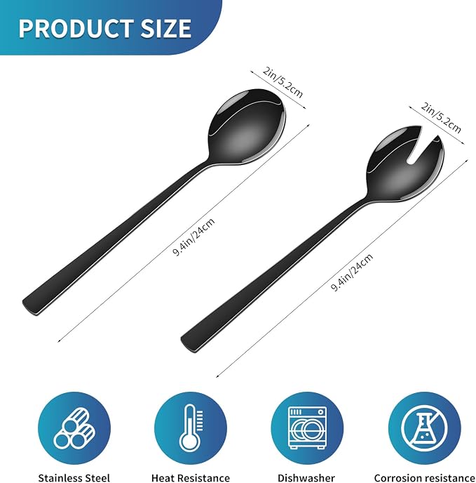 Black Salad Utensils Set, 9.4 Inch Stainless Steel Salad Tossing Spoon And Fork - Image 2