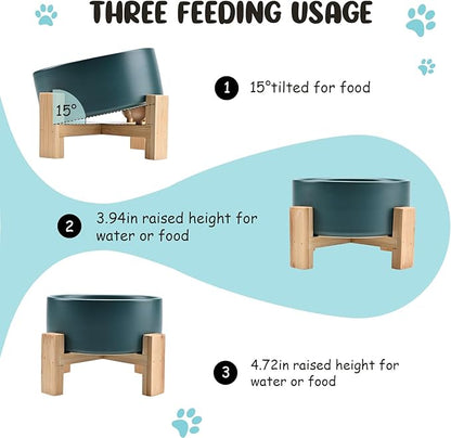 SPUNKYJUNKY 15° Slanted Ceramic Dog and Cat Bowl with Wooden Stand, Tilted Bulldog Food and Water Bowl No Slip Non-Spill for Cats Medium Dogs Big Face Pets 28.7 OZ (3.6 Cups, Green)