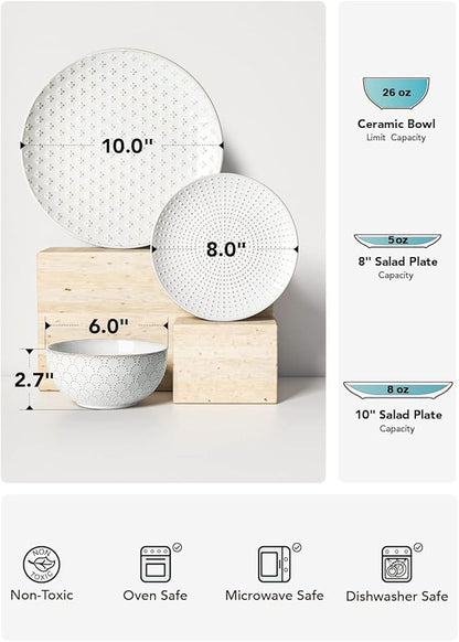 LE TAUCI Dinnerware Sets 12 PCS, Ceramic Plates and Bowls Set, Suit For Housewarming (10" Dinner Plate + 8" Salad Dish + 26 oz Cereal Bowl) x 4, Oven safe - Arctic White