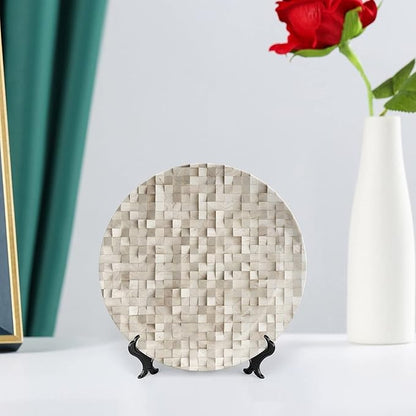 Decorative Plates, Abstract Print Ornament, Wooden Cubes Print, 7 Inch, 1 Plate with 1 Display Stand, Tan