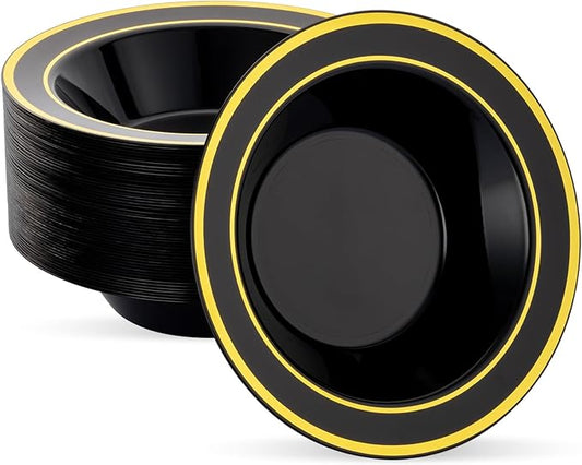 50 Pack Black Disposable Soup Bowls with Gold Rim,12oz Disposable Soup Bowls,Disposable Soup Dessert Salad Bowls for Wedding/Party/Catered Events
