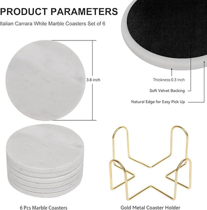Carrara White Marble Coasters Set of 6 with Holder, Elegant Modern Round White Marble Drink Coasters for Coffee Table Decor, Semi Absorbent Stone Coaster for Drinks, Velvet Backed