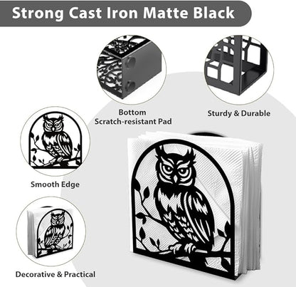 Owl Decorative Black Metal Napkin Holder for Table, 4.9" x 5.3" x 2" Animal Owl On The Branch Standing Napkin Holder for Home Kitchen Restaurant Picnic Party Coffee Bar Dining Room