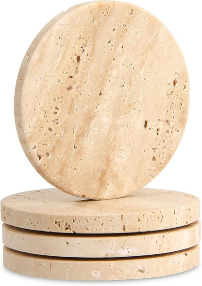 Natural Travertine Coasters Set of 4, 4 inch Round Stone | Stone Coasters by Unknown